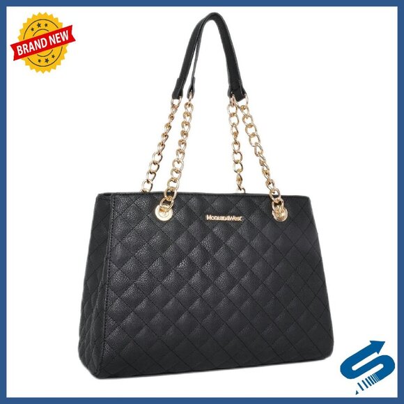 Handbags - Quilted Medium Tote Bag with Gold Chain Strap - 13.25x9.5x5.5